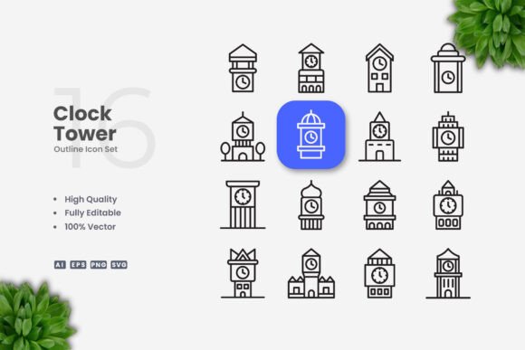Clock Tower Icons for Clean, Versatile Design Work