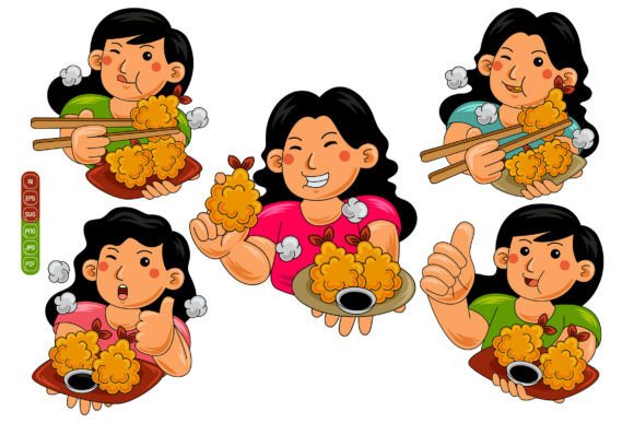 Woman Eating Tempura Vector Pack 01